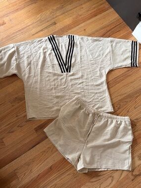Women's Cream Two-Piece Lounge Set with Black Trim